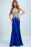 2024 Dark Royal Blue Two-Tone Mermaid Prom Dresses V-Neck Beaded Bodice Satin & Tulle