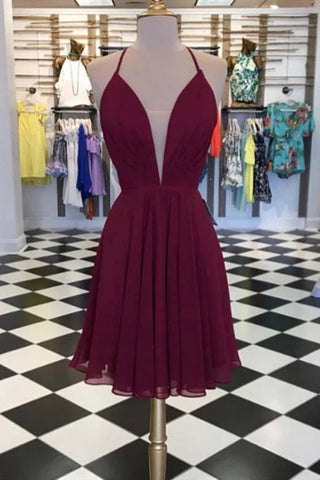 Burgundy Chiffon Short Homecoming Dresses With Lace-up