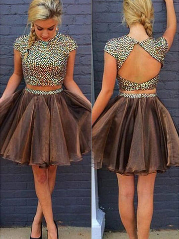 2024 A-Line Two Piece Jewel Neck Short Sleeve Beading Back Cut Eve Homecoming Dresses Out Organza Short/Mini