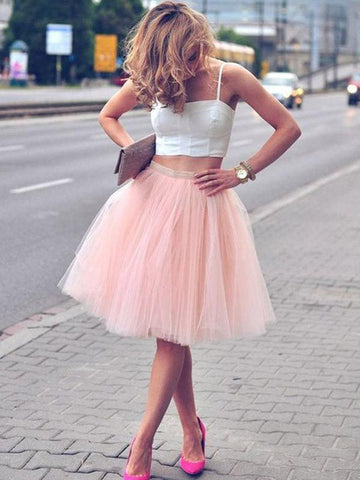 Two Piece Ball Gown Homecoming Dresses Maritza Tulle Square Neck Straps Sleeveless Knee-Length