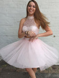 Two Homecoming Dresses Pink Reina Piece High Neck Open Back Beading Pearl