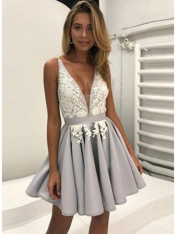Silver Deep V Neck Lace A Line Ireland Satin Homecoming Dresses Straps Appliques Pleated Flowers