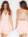 Deep Muriel A Line Pink Satin Lace Homecoming Dresses V Neck Straps Cut Out Pleated Tiered