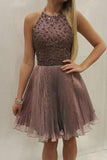 Halter Sleeveless Organza Brown Pleated Jaylyn Homecoming Dresses A Line Beading Sparkle Charming