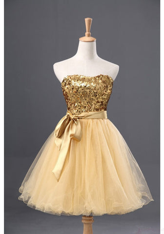 Strapless Sweetheart Jaelyn Homecoming Dresses A Line Backless Light Yellow Sequins Bow Knot