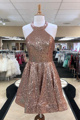 Halter Sequins A Line Homecoming Dresses Melanie Sleeveless Backless Pleated Short Sparkle Charming