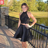 Halter Sleeveless Tiered Pleated Satin Lace Two Pieces Kira Homecoming Dresses Elegant