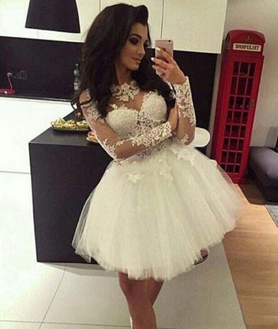Jewel Long Sleeve Appliques Pleated A Line Elisa Lace Homecoming Dresses Tulle Sheer Short
