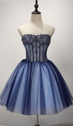 Strapless Ball Gown Appliques Tulle Beaded Pleated Finley Homecoming Dresses Dark Blue Cute Elegant
