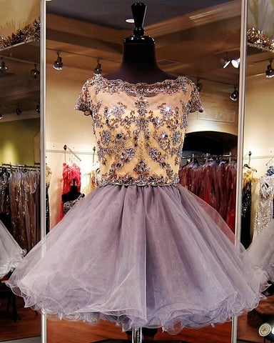 Tulle Gold Appliques A Line Homecoming Dresses Isis Beading Rhinestone Short Sleeve Bateau