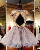 Tulle Gold Appliques A Line Homecoming Dresses Isis Beading Rhinestone Short Sleeve Bateau