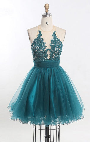 Scoop Sleeveless Sheer Appliques Tulle Averie Homecoming Dresses A Line Pleated Ruched Backless