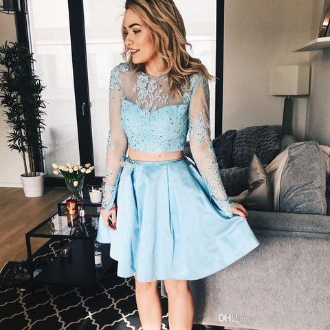 Long Sleeve Jewel Satin Homecoming Dresses Jaliyah Two Pieces Lace A Line Appliques Sheer Light Blue