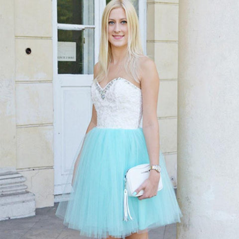 Strapless Sweetheart Appliques Backless Homecoming Dresses A Line Gertrude Tulle Blue Beading Cute