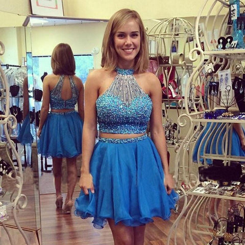 Backless Karli Homecoming Dresses A Line Two Pieces Halter Sleeveless Beading Organza Blue