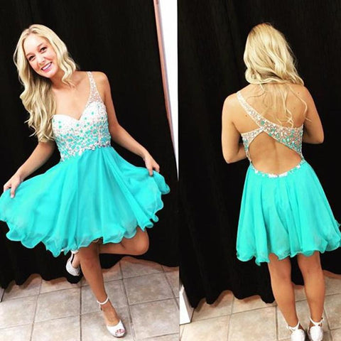 Straps V Neck Sleeveless A Line Chiffon Homecoming Dresses Genesis Blue Backless Beading Cut Out
