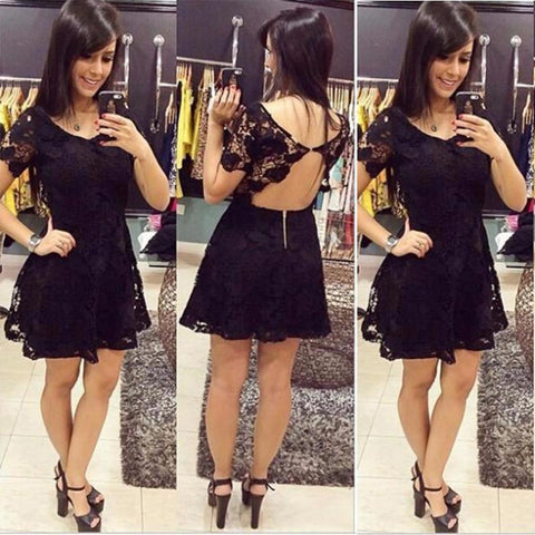 Backless Scoop A Line Lace Jamya Homecoming Dresses Black Short Sleeve Sexy Flowers Pleated