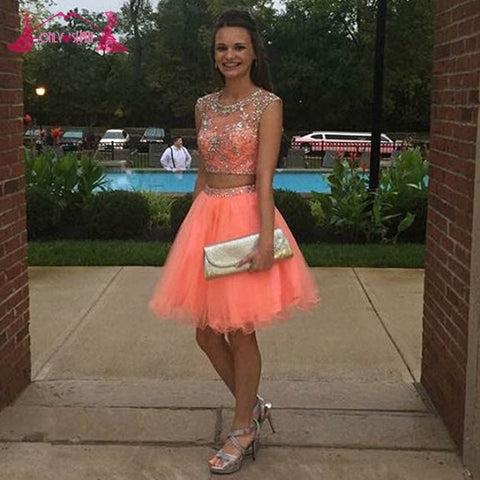 Homecoming Dresses Two Pieces A Line Jolie Scoop Organza Coral Cap Sleeve Rhinestone