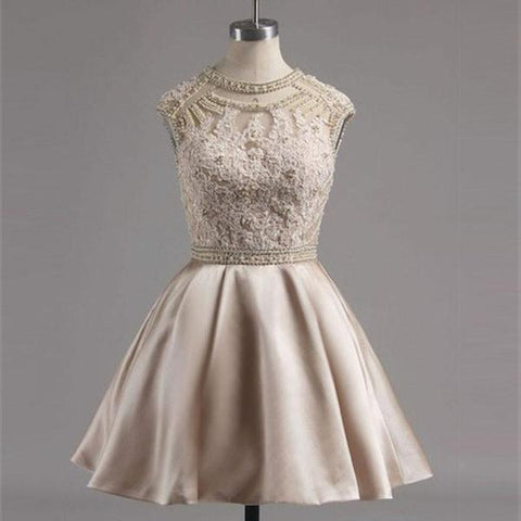 Jewel Appliques Beading Hollow Cap Homecoming Dresses A Line Satin Ivory Melany Sleeve Pleated