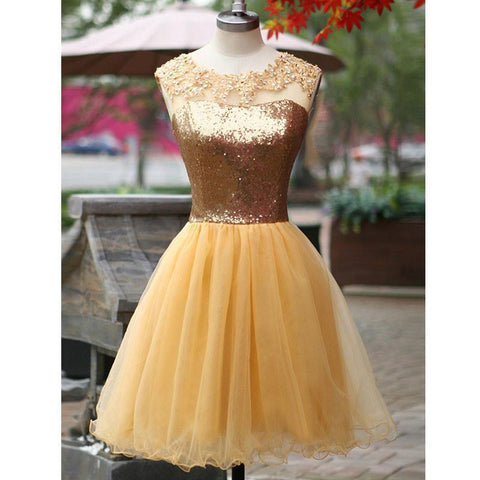 Sleeveless Scoop Appliques Pleated A Line Homecoming Dresses Eileen Light Yellow Organza Sequins