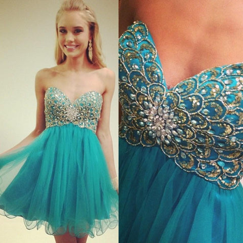 Blue Karina A Line Homecoming Dresses Strapless Sweetheart Beading Rhinestone Sequins Organza Pleated