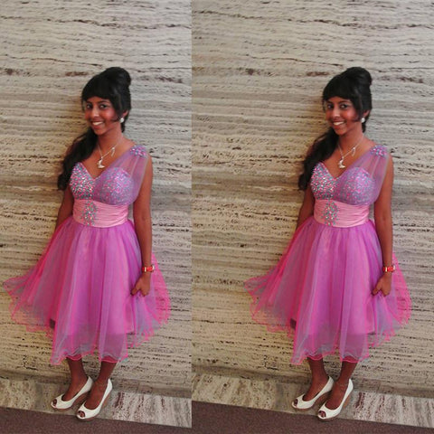 Homecoming Dresses Laura A Line Pink V Neck Sleeveless Sheer Rhinestone Organza Pleated