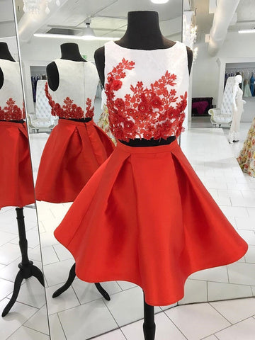 Sleeveless Jewel Pleated Red Appliques Homecoming Dresses Satin Alissa Two Pieces Flowers Short