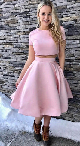 Homecoming Dresses Pink A Line Satin Moriah Two Pieces Short Sleeve Jewel Pleated