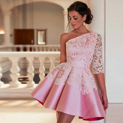 One Shoulder Half Sleeve Appliques Flowers Homecoming Dresses Makenzie Pink Satin Hollow Pleated