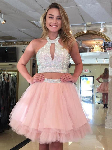Halter Sleeveless Cut Lilith Pink A Line Homecoming Dresses Two Pieces Out Pleated Tulle Beading