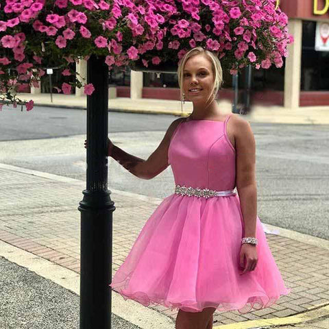 Straps Organza Rhinestone Pleated Short Homecoming Dresses Eliana A Line Pink Cute
