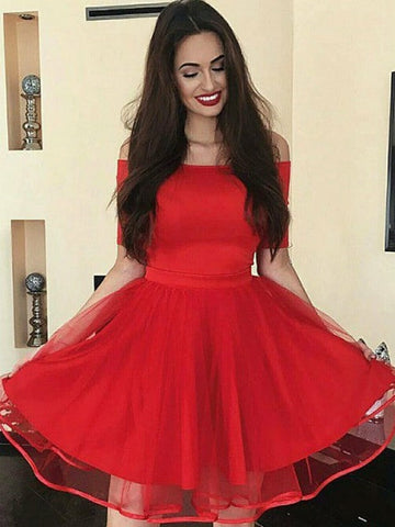 Barbara Homecoming Dresses A Line Off The Shoulder Half Sleeve Pleated Organza Red Short