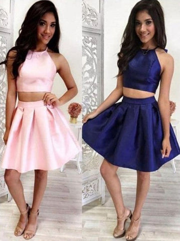 Halter Sleeveless Short Two Pieces Satin Homecoming Dresses Hannah A Line Pleated