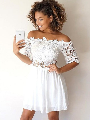Half Homecoming Dresses Chiffon A Line Andrea Sleeve Off The Shoulder Appliques Hollow Pleated White