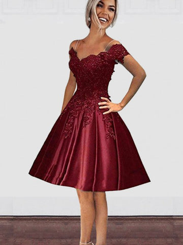 Burgundy Off The Shoulder Melanie A Line Homecoming Dresses Spaghetti Straps Appliques