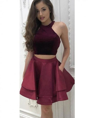 Halter Sleeveless Burgundy A Line Two Pieces Homecoming Dresses Katelyn Satin Pleated Tiered Short