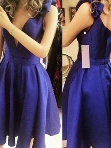 Deep Royal Blue Satin Anastasia Homecoming Dresses A Line V Neck Pleated Straps Bowknot Elegant