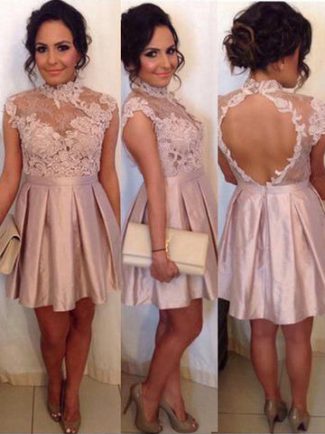 Satin Lace Homecoming Dresses Joan Appliques Sheer High Neck Backless Cap Sleeve Dusty Rose