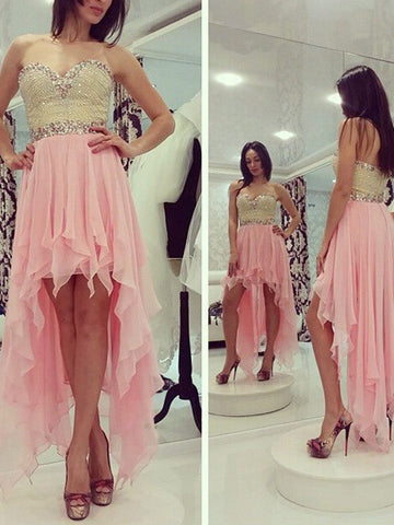High Low Strapless Chiffon Abigayle Pink A Line Homecoming Dresses Sweetheart Backless Beading