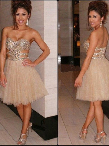 Champagne Strapless Sweetheart Homecoming Dresses Phoebe A Line Backless Cut Out Rhinestone