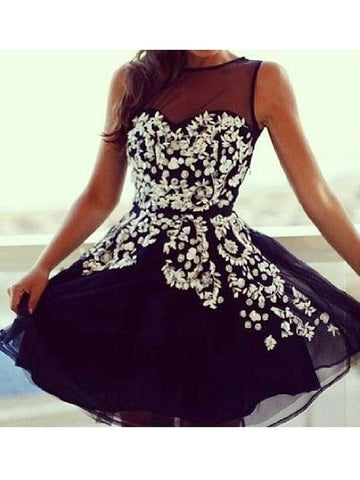 Jewel Sleeveless Sheer Black Appliques Flowers Pleated Homecoming Dresses A Line Marina Tulle