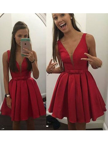 Deep V Neck A Line Sariah Homecoming Dresses Red Sleeveless Pleated Bowknot Sheer