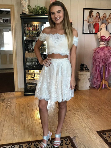Off The Shoulder A Line Nyasia Homecoming Dresses Lace Two Pieces White Appliques Pleated
