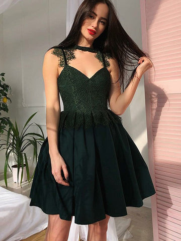 Sleeveless Pleated V Neck Jillian Satin Homecoming Dresses A Line Lace Appliques Dark Green