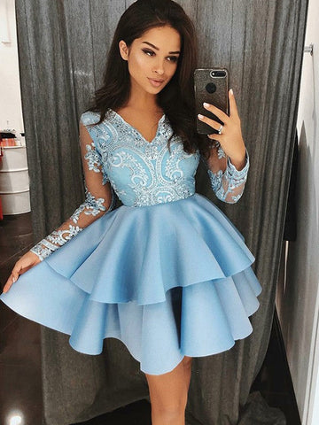 Long Sleeve Sheer V Neck Appliques Ball Satin Homecoming Dresses Shiloh Gown Tiered Blue