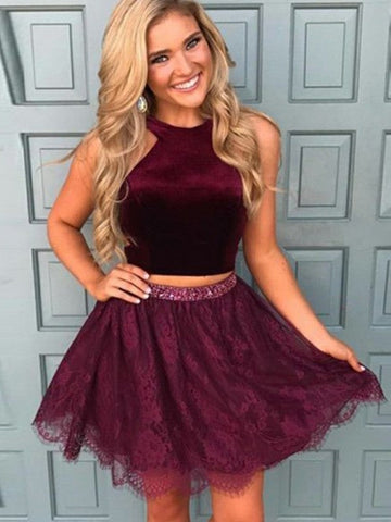 Burgundy Halter Two Pieces Brielle A Line Homecoming Dresses Lace Sleeveless Flowers Beading