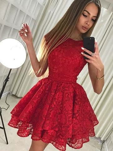 Red Pleated Appliques Homecoming Dresses Lace A Line Jayden Flowers Pleated Tulle Cap Sleeve