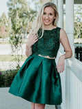 Jewel Ball Gown Sleeveless Dark Green Homecoming Dresses Lauretta Lace Satin Two Pieces Appliques