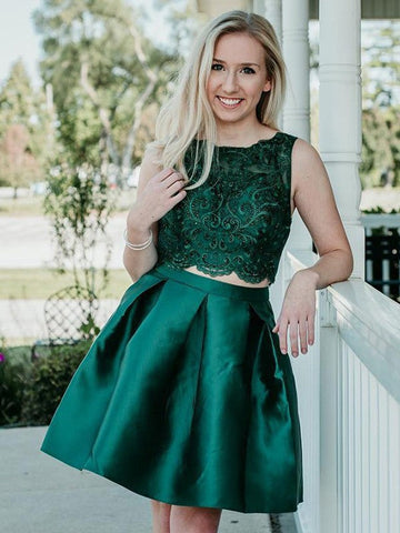 Jewel Ball Gown Sleeveless Dark Green Homecoming Dresses Lauretta Lace Satin Two Pieces Appliques