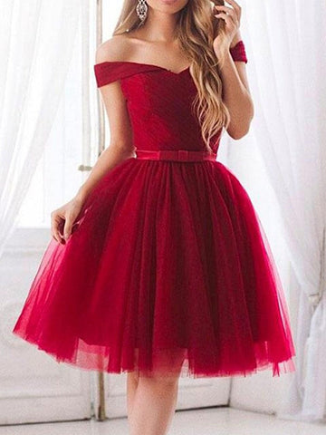 Tulle Burgundy Off The Shoulder Ball Lesly Homecoming Dresses Gown V Neck Bowknot Pleated